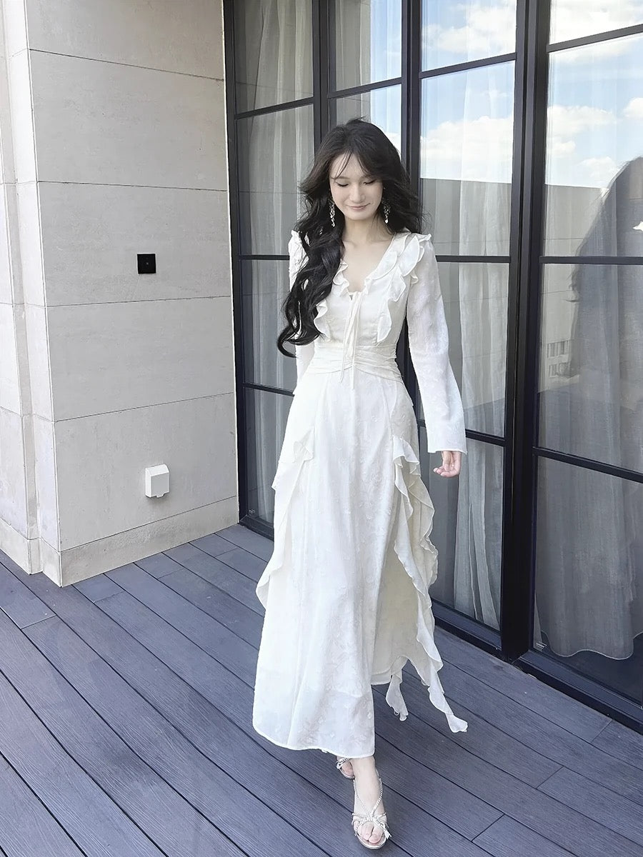 Gorgeous A line Chiffon Long Sleeves White Prom Dress With Layers C2674