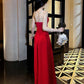 Pretty A line Straps Red Long Satin Prom Dresses Formal Evening Dress C2675