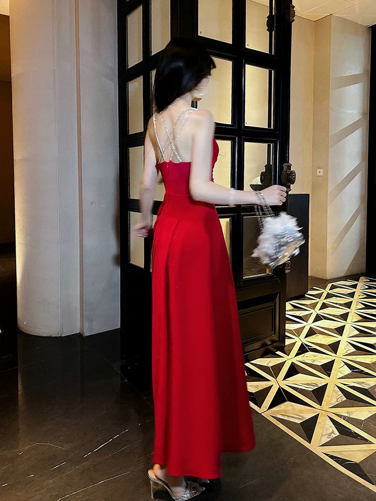 Pretty A line Straps Red Long Satin Prom Dresses Formal Evening Dress C2675