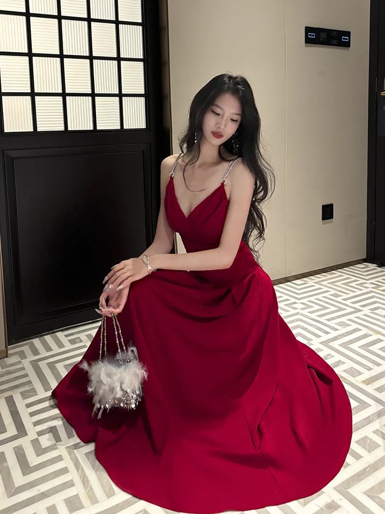 Pretty A line Straps Red Long Satin Prom Dresses Formal Evening Dress C2675