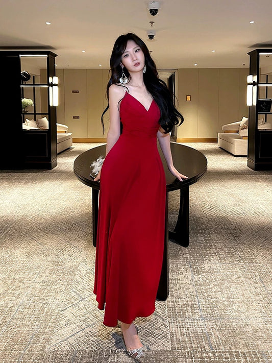 Pretty A line Straps Red Long Satin Prom Dresses Formal Evening Dress C2675