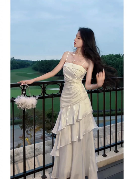 Gorgeous Sheath Spaghetti Straps White Layers Long Prom Dresses Evening Dress C2678