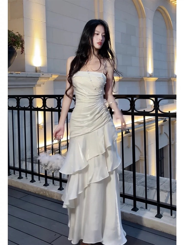 Gorgeous Sheath Spaghetti Straps White Layers Long Prom Dresses Evening Dress C2678