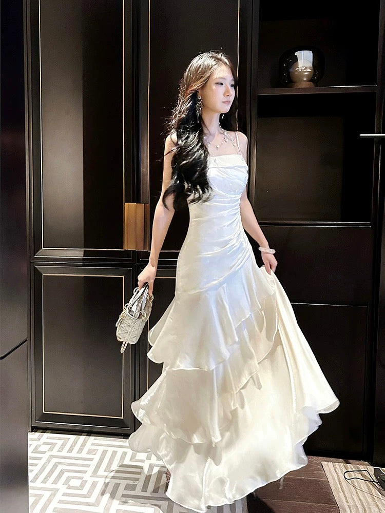 Gorgeous Sheath Spaghetti Straps White Layers Long Prom Dresses Evening Dress C2678