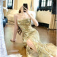 Gorgeous Sheath Spaghetti Straps Gold Sequin Slit Prom Dresses Evening Dress C2682