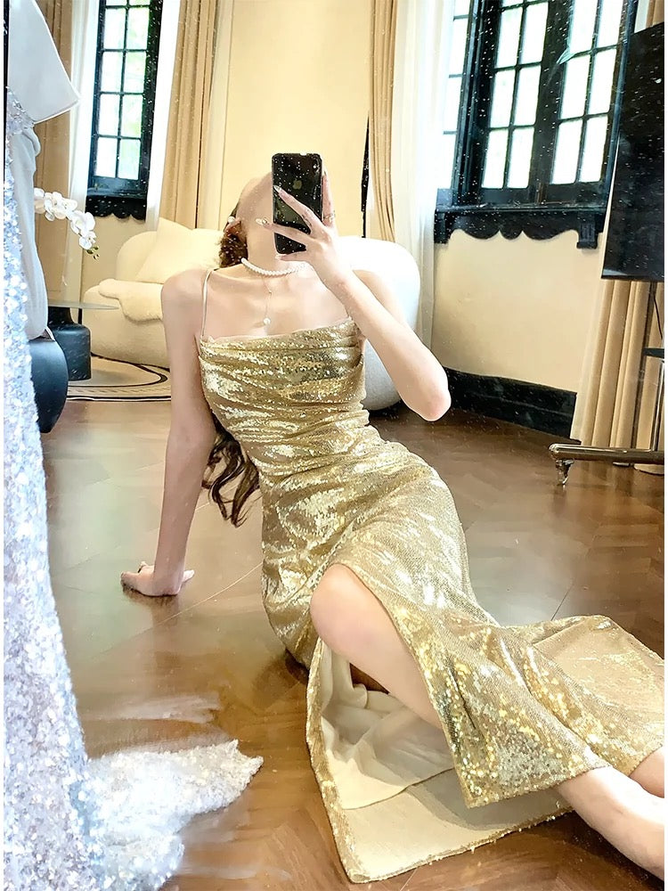 Gorgeous Sheath Spaghetti Straps Gold Sequin Slit Prom Dresses Evening Dress C2682