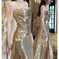 Gorgeous Sheath Spaghetti Straps Gold Sequin Slit Prom Dresses Evening Dress C2682