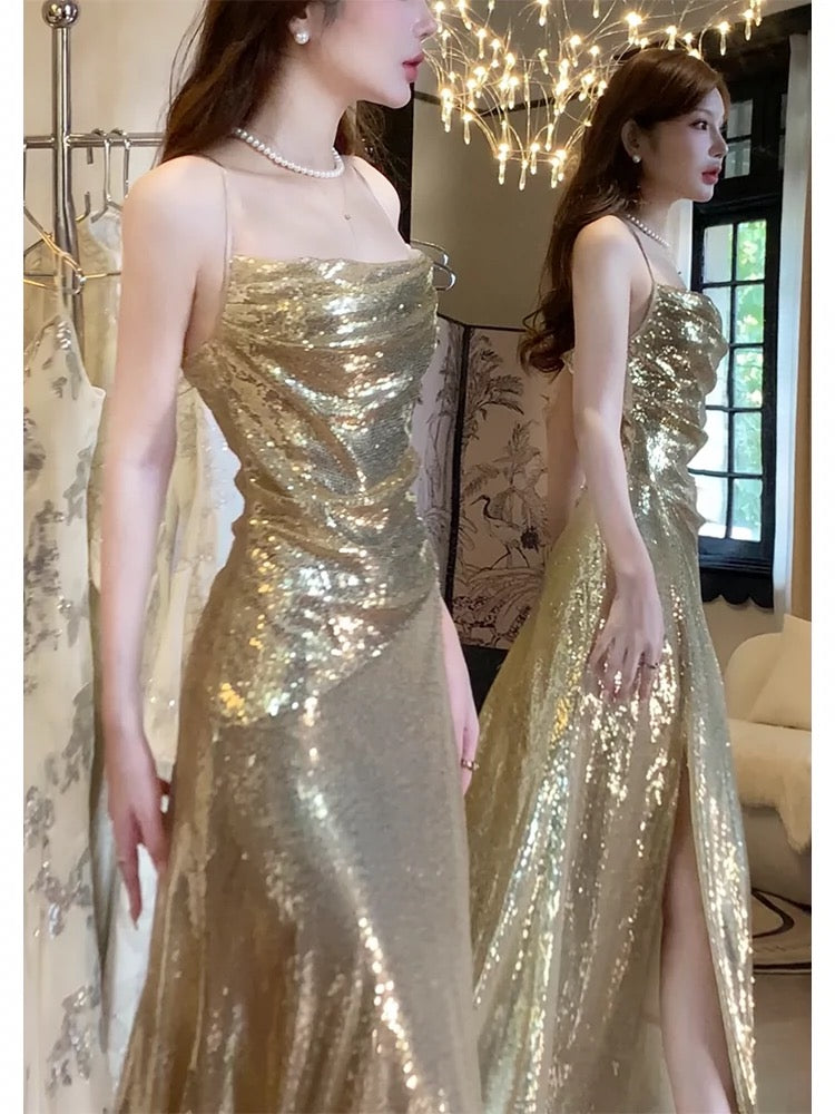 Gorgeous Sheath Spaghetti Straps Gold Sequin Slit Prom Dresses Evening Dress C2682