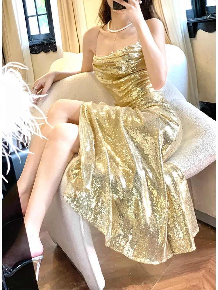 Gorgeous Sheath Spaghetti Straps Gold Sequin Slit Prom Dresses Evening Dress C2682