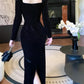 Pretty Sheath Square Neckline Black Velvet Long Sleeves Prom Dresses Formal Evening Dress C2683