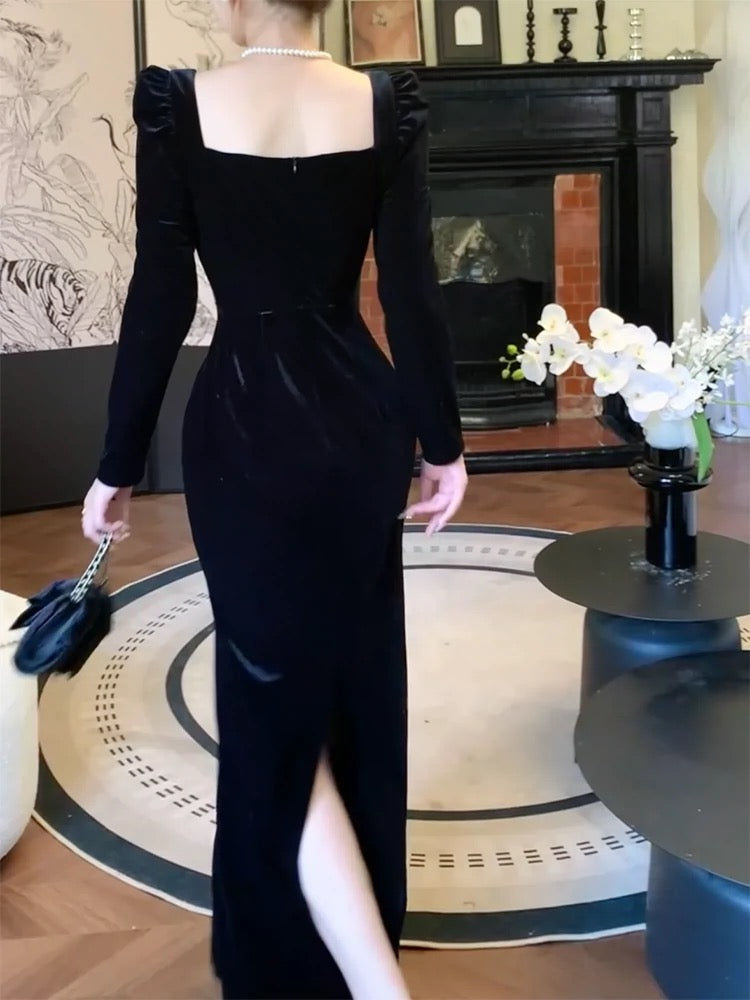 Pretty Sheath Square Neckline Black Velvet Long Sleeves Prom Dresses Formal Evening Dress C2683