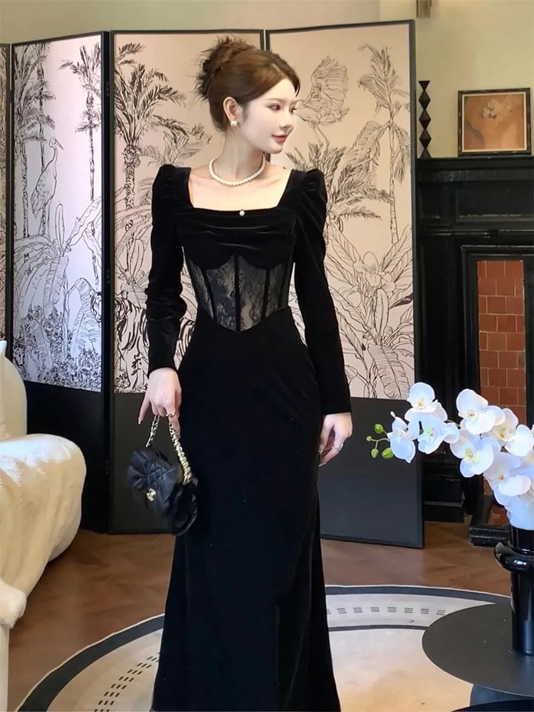 Pretty Sheath Square Neckline Black Velvet Long Sleeves Prom Dresses Formal Evening Dress C2683