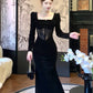 Pretty Sheath Square Neckline Black Velvet Long Sleeves Prom Dresses Formal Evening Dress C2683