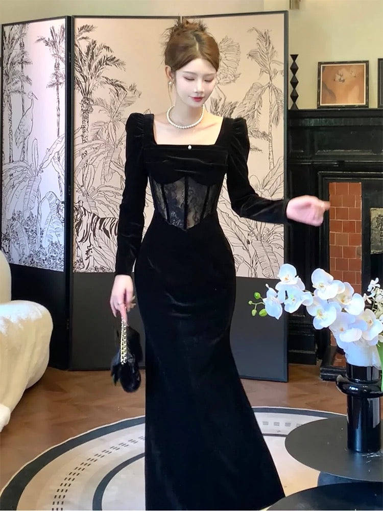 Pretty Sheath Square Neckline Black Velvet Long Sleeves Prom Dresses Formal Evening Dress C2683