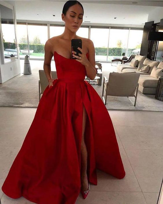 Fancy Strapless A-line Red Satin Prom Dress High Slit Women Evening Gowns C2698