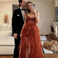 Pretty A line Sweetheart Rust Red Lace Ruffles Layers Tulle Prom Dresses Formal Evening Dress C2705