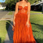 Pretty A line Sweetheart Rust Red Lace Ruffles Layers Tulle Prom Dresses Formal Evening Dress C2705