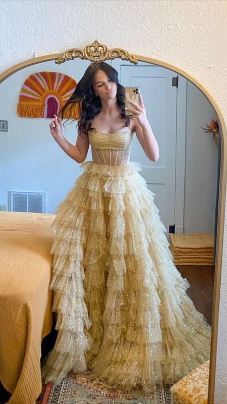 Gorgeous Ball Gown Strapless Tulle Gold Layers Long Prom Dresses Formal Evening Dress C2712