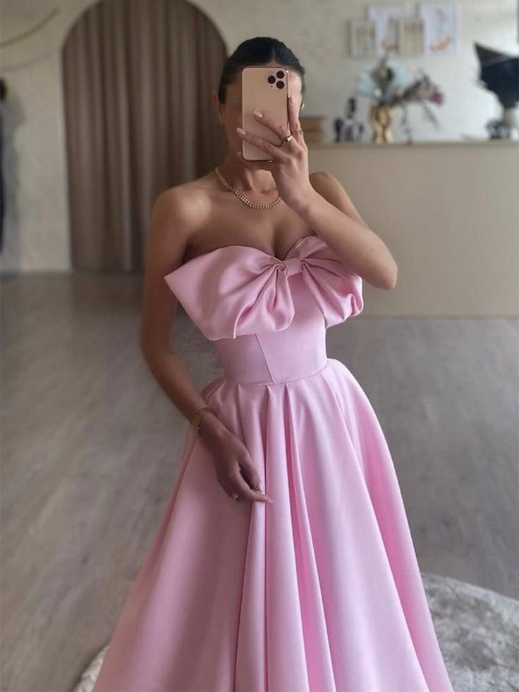 Robe de bal longue en satin rose fantaisie A-Line, robe de soirée longue rose formelle C2718