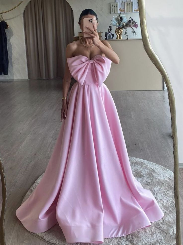 Robe de bal longue en satin rose fantaisie A-Line, robe de soirée longue rose formelle C2718