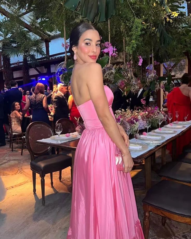 Robe de soirée longue sans bretelles rose fantaisie populaire A-line C2720