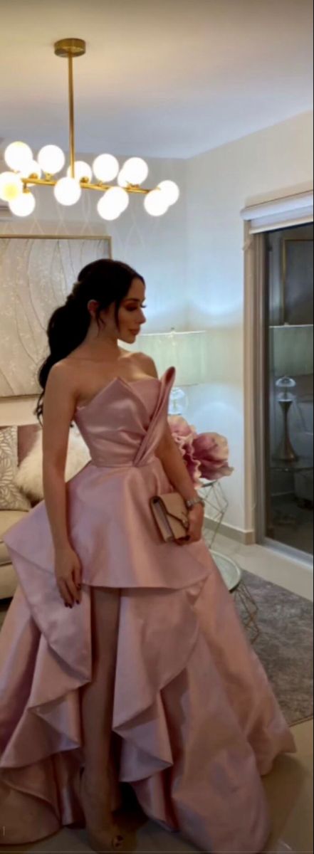 Gorgeous High Low Strapless Satin Layers Pink Prom Dresses Formal Evening Dress C2723