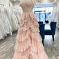 Gorgeous A line Off The Shoulder Layers Light Pink Lace Slit Prom Dresses Formal Evening Dress C2724