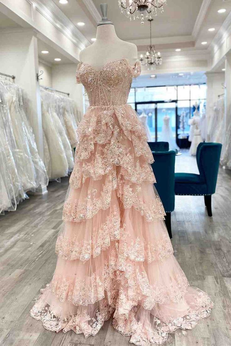 Gorgeous A line Off The Shoulder Layers Light Pink Lace Slit Prom Dresses Formal Evening Dress C2724