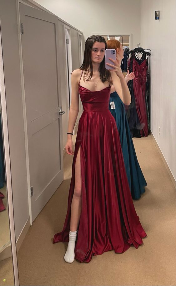 Elegant A Line Spaghetti Straps Burgundy Long Slit Prom Dresses Formal Dress C2732