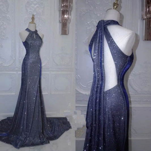 Robe de soirée longue élégante à paillettes et col licou sirène bleu marine C2738