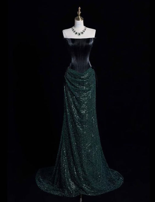 Robe de soirée longue verte élégante à paillettes et bretelles style sirène C2739