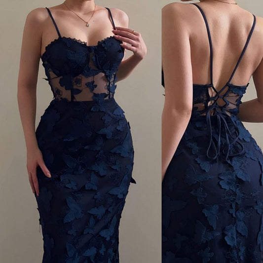 Robe de soirée longue élégante à bretelles spaghetti en dentelle bleu marine C2741