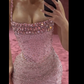 Elegant Mermaid Spaghetti Straps Pink Beads Sequin Slit Long Prom Dresses Formal Dress C2745