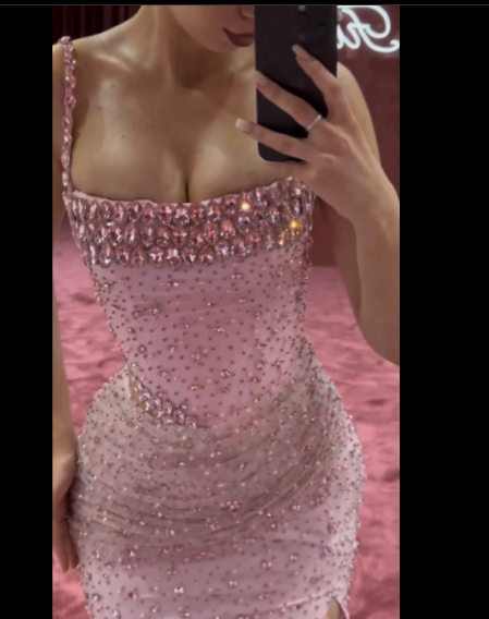 Elegant Mermaid Spaghetti Straps Pink Beads Sequin Slit Long Prom Dresses Formal Dress C2745