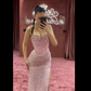 Elegant Mermaid Spaghetti Straps Pink Beads Sequin Slit Long Prom Dresses Formal Dress C2745