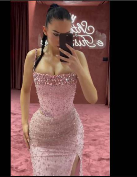 Elegant Mermaid Spaghetti Straps Pink Beads Sequin Slit Long Prom Dresses Formal Dress C2745