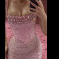 Elegant Mermaid Spaghetti Straps Pink Beads Sequin Slit Long Prom Dresses Formal Dress C2745