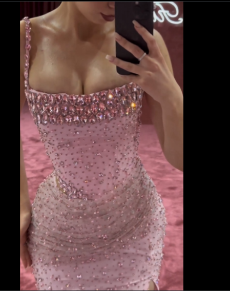 Elegant Mermaid Spaghetti Straps Pink Beads Sequin Slit Long Prom Dresses Formal Dress C2745