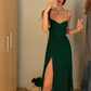 Robe de soirée élégante à bretelles spaghetti en satin vert fendue C2760