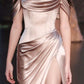 Robe de soirée élégante en satin à épaules dénudées et fente champagne C2764