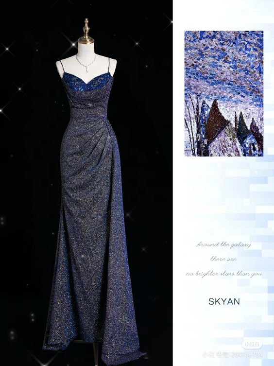 Robe de soirée élégante à bretelles spaghetti et paillettes bleu marine C2766