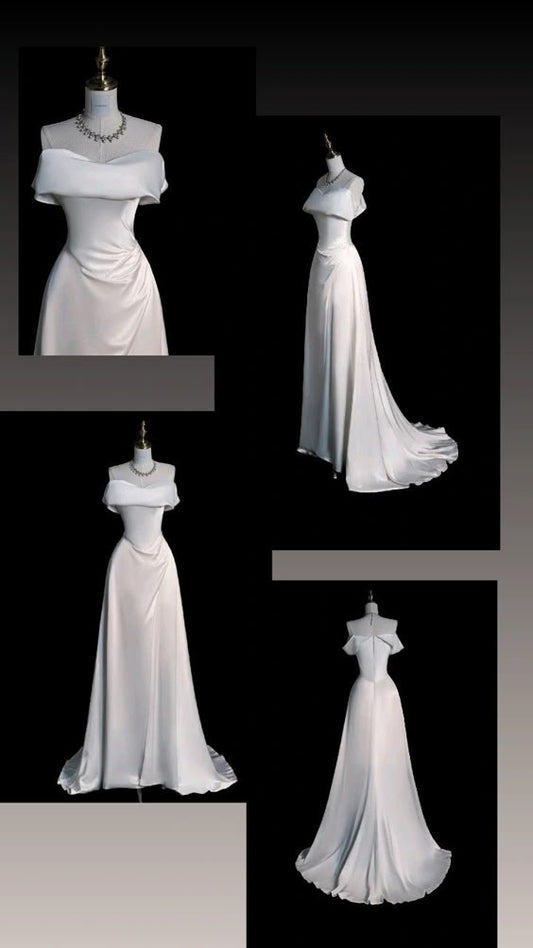 Timeless A-Line Off Shoulder Satin Long Wedding Dresses With Ruffles C2776