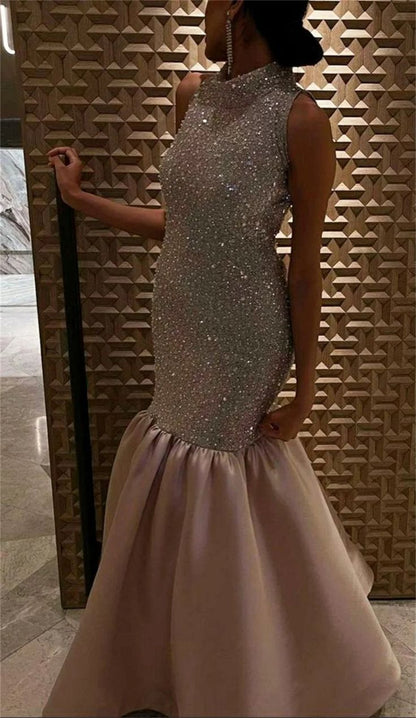 Exquisite Mermaid High Neck Vestidos De Noche Sexy Sequins Tops Long Prom Dresses C2780