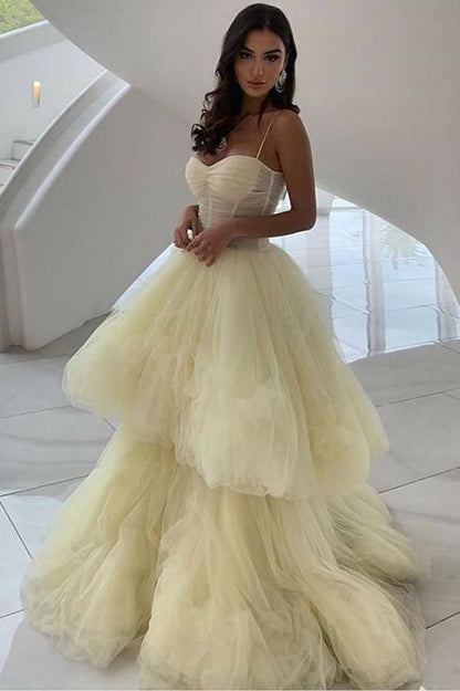 Princess A Line Spaghetti Straps Layers Daffodil Tulle Prom Dresses Unique Formal Dress C2781