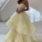 Princess A Line Spaghetti Straps Layers Daffodil Tulle Prom Dresses Unique Formal Dress C2781