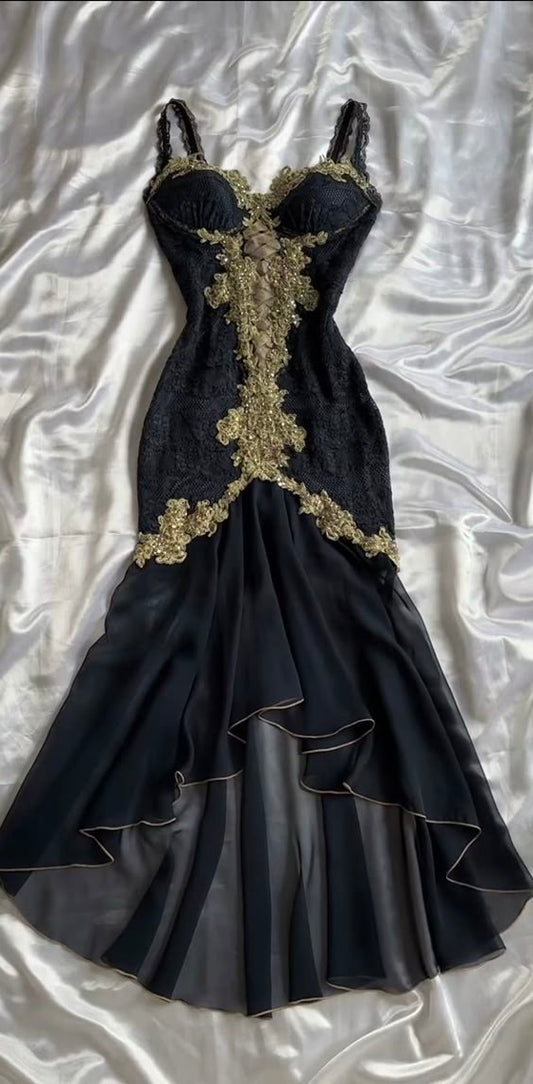 Elegant High Low Straps Black Chiffon Lace Prom Dresses Ruffles Evening Dress C2783