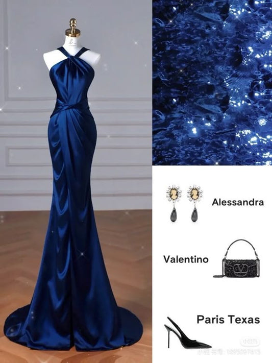 Robe de soirée longue en satin bleu royal à col licou et sirène élégante C2791