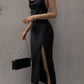 Pretty Sheath Spaghetti Straps Slit Black Prom Dresses Evening Dress C2797