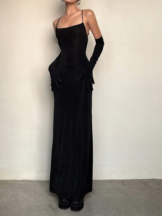 Sexy Sheath Spaghetti Straps Black Long Prom Dresses Evening Dress With Gloves C2805