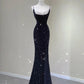 Sexy Mermaid Spaghetti Straps Black Sequin Long Prom Dresses Evening Dress With Slit C2807